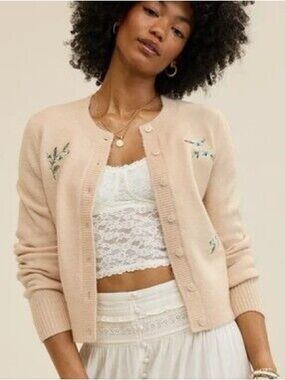 Aerie Cream Embroidered Button-Front Women's Sweater Cardigan